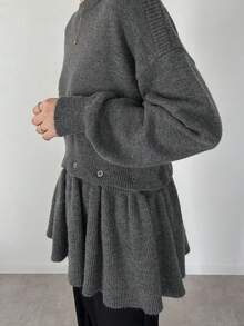 FRIFUL Women's Round Neck Loose Hem Detachable Ruffle Trim Oversized Sweater, Winter - Grey - View 6