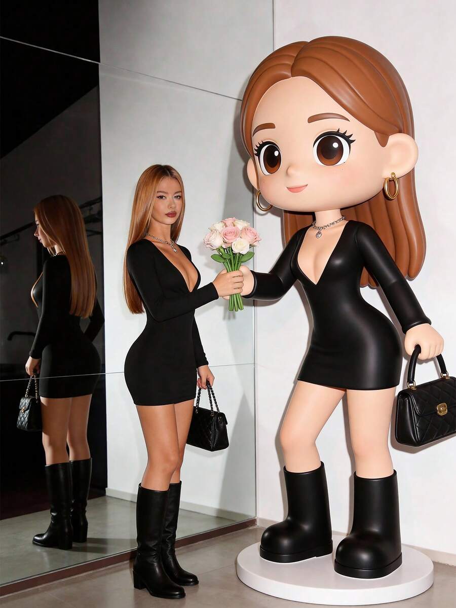 EgrlEra Petite 女士纯色长袖修身简约深V领连衣裙 - 黑色 - 查看 1