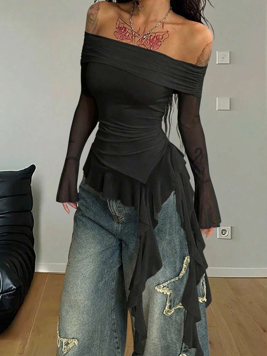 Coolane 女士秋季/四季街头服饰节日乡村音乐会Y2K波西米亚辣妹荷叶边缎带白色露肩T恤 - 黑色 - 查看 1