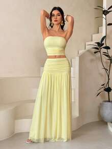 SHEIN Tall 两件套女士浪漫粉色网纱抹胸上衣和高腰褶皱网纱长裙，春夏度假装 - 黃色 - 查看 10