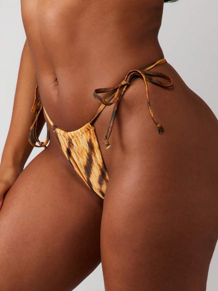 MISSGUIDED Tiger Print Side Tie Triangle Bikini Bottom High Rise Summer Beach Swimwear With Animal Pattern Print Inspired Design