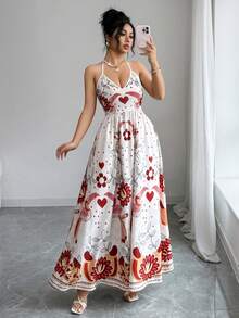 SHEIN Elenzya 女士吊带收腰印花长款休闲复古优雅连衣裙，适合度假、约会、日常穿着、外出、派对、春夏穿着。 - 彩色 - 查看 1