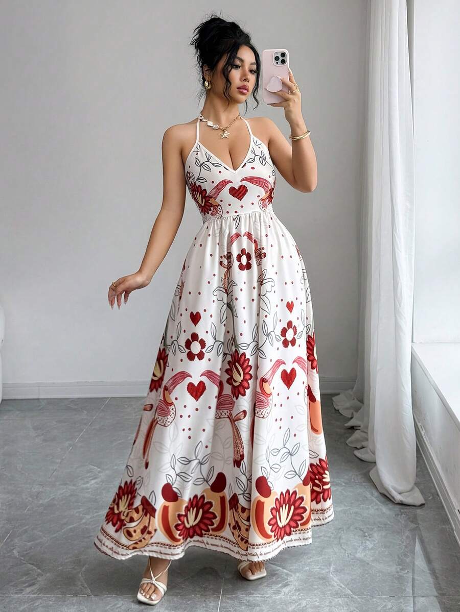 SHEIN Elenzya 女士吊带收腰印花长款休闲复古优雅连衣裙，适合度假、约会、日常穿着、外出、派对、春夏穿着。 - 彩色 - 查看 1