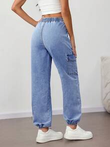 SHEIN Tall Women's Casual Washed Drawstring Waist Flap Pocket Cuffed Hem Jeans, Summer - Medium Wash - View 2
