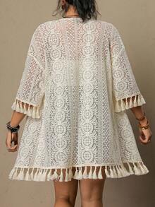 Freevana Plus Size Women Vacation Fringe Cuff Loose Kimono Cover Up,Plus-Size Kimonos, Plus-Size Three-Quarter Sleeve Shirts, Plus-Size Beachwear, V-Neck Three-Quarter Sleeve Jackets, Casual Vacation Tops, Sun-Protective Clothing, Tassel Embellishments On Cuffs And Hem, Geometric Lace Patterns, Openwork Tops.Plus-Size Women'S Apricot-Colored Openwork Crochet Kimono, Lace Jacket, Loose Mid-Length Sleeves, Romantic Early Spring Beach Warm Kimono Shirt, Women'S Beach Kimono 2026 Summer Beach,Large Size Beach Kimono Plus-Size Lace Crochet Tassel Hem Kimono Summer Lace Kimono Boho Kimono Lace Cover Up Summer Cardigan For Women Crochet Cover Up - Apricot - View 5