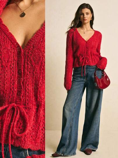 Poéselle Cherry Red Relaxed Knit Cardigan Sweater For Women, Soft Mohair-Blend V-Neck Drawstring Waist Loose-Fit Cozy Layering Top,Women's Solid Color Minimalist Long Sleeve Knit Top, Everyday Wear,Women's Winter Sweaters