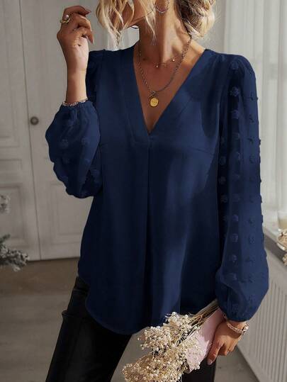 EMERY ROSE Women's Solid Color Minimalist V-Neck Long Sleeve Blouse, Everyday Wear