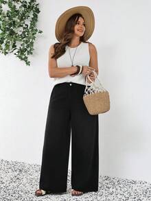 SHEIN Tall CURVE 高个加大码春夏度假休闲女式牛仔裤，后腰松紧带设计，宽松版型，带口袋，阔腿舒适休闲牛仔裤