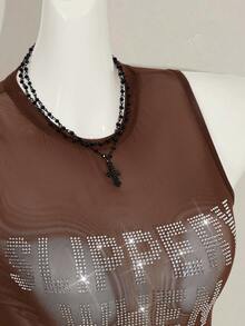 SHEIN ICON Áo hai dây ôm sát, xuyên thấu, màu đen lưới, gợi cảm, đính đá lấp lánh, dành cho nữ, kiểu dáng Y2k, chất liệu lưới, có chữ cái, hở lưng. - Cà phê nâu - Xem 9