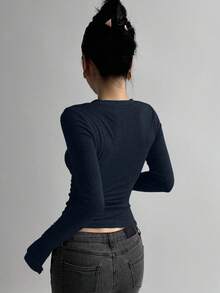 DAZY Áo thun dài tay ôm sát người dành cho nữ, cổ kéo khóa nửa thân - Màu xanh hải quân - Xem 3