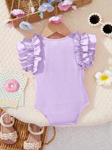 SHEIN Newborn Baby Girl Cute Purple Ruffled Romper, Summer - Purple - View 2