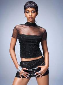 Y2Kool BiGraphic 女士水钻撞色网纱高领时尚短款T恤 - 黑色 - 查看 5