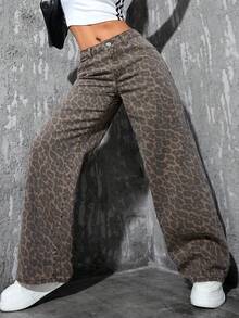 SHEIN ICON 大码女式宽松豹纹直筒牛仔裤，休闲牛仔装扮 - 彩色 - 查看 4