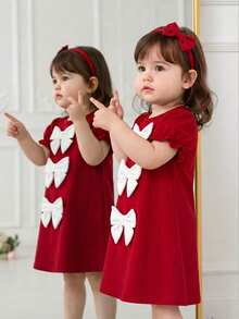 Vestido de punto rojo con lazo elegante y sencillo para bebé niña. Adecuado para fiestas de cumpleaños, fiestas de noche, actuaciones, bodas, bautizos y ceremonias de apertura. Perfecto para primavera y verano. - Rojo - Ver 3