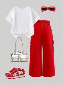 SHEIN ChillGRL Bộ 2 món cho bé gái gồm áo thun ngắn tay màu trắng và quần cargo màu xanh dương đính sequin và nơ, trang phục mùa hè thời trang. - Đỏ - Xem 2