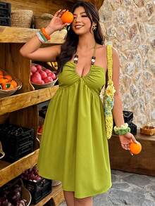 SHEIN LUNE Đầm ngắn dáng chữ A khoét eo, cổ chữ V, đính hạt cườm, dành cho nữ cỡ lớn, thích hợp mặc đi biển hoặc nghỉ mát. - màu xanh lá - Xem 6