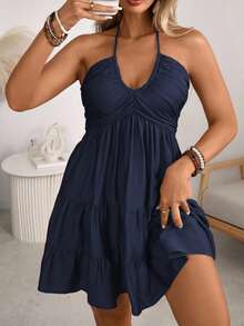 Ceyna Plus Size Boho Halter Neck Navy Blue Tiered Ruffle Hem Dress For Vacation Outfits Women - Navy Blue - View 4