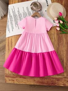 SHEIN Young Girl Woven Floral Contrast Lace Embroidery Hem A-Line Dress, National Floral Rose Patchwork , Short Sleeve, Spring And Summer,Suitable For Girls Daily Wear, Festivals, Vocation,Holidays,Family Gatherings And Special Occasions, Sibling Outfits Sisters Style Outfit, Spring And Summer,Cute & Elegant & Sweet & Vintage & Fashionable. - Hot Pink - View 9