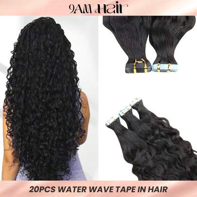 20 piezas Extensiones de cabello humano con ondas de agua de color negro natural, 50G Extensiones de cabello con cinta, Extensiones de cabello Remy
