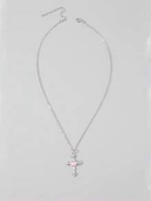 ROMWE Goth 1 Mặt dây chuyền hình thánh giá sang trọng phong cách Y2K đính đá hồng, quà tặng tiệc tùng, quà tặng ngày Valentine - Màu hồng -A - Xem 3