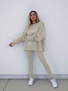 Plus Size Casual Loose Solid Color Long Sleeve Top And Skinny Pants 2 Pieces Set F1 Cargo - Apricot - View 5