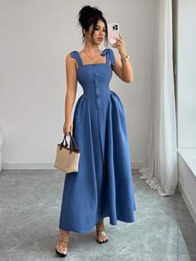 Elenzga Đầm dài nữ trẻ trung, thanh lịch, đa năng, kiểu dáng ôm sát, phối hai tông màu, có dây đeo, chất liệu dệt họa tiết, phù hợp cho công sở. - Màu xanh lam - Xem 7