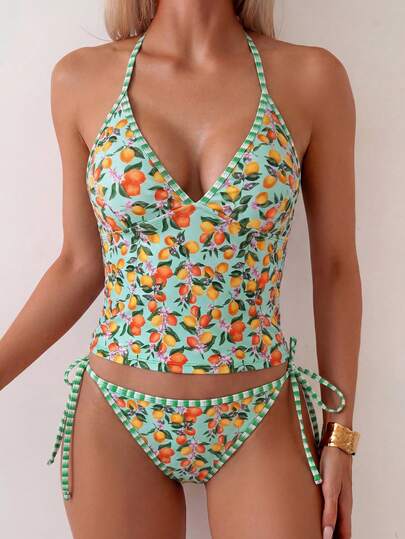 Swim Mod 2 st/set citronmönster strandsemester randigt dragsko linne och bikini set