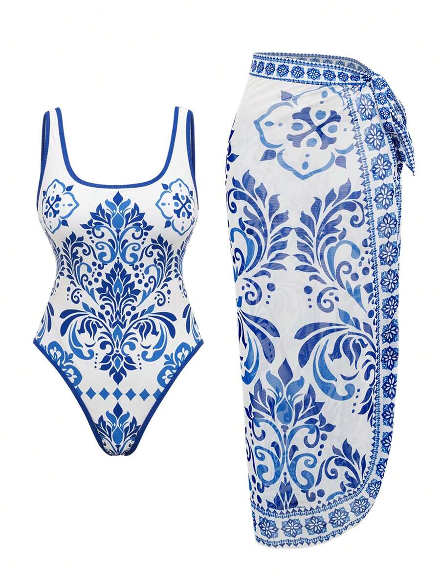 Swim Oasis 夏季度假性感蓝白瓷纹露背连体泳衣，配网纱系带长裙 - 藍白色 - 查看 1