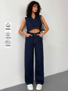 SHEIN 100%Cotton Women's Raw Wash Top & Pants Two Pieces Outfit - Dark Wash - View 4