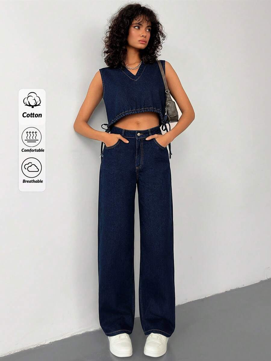 SHEIN 100%Cotton Women's Raw Wash Top & Pants Two Pieces Outfit - Dark Wash - View 1