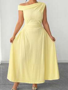 Elenzga Plus Size Women's Elegant Fashion Sleeveless Ruched Waist A-Line Dress, Spring/Summer - Yellow - View 5