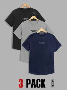 RueChic 3 Pack Men's Letter Print Round Neck Short Sleeve Casual T-Shirts With Rounded Hem - Multicolor - View 1