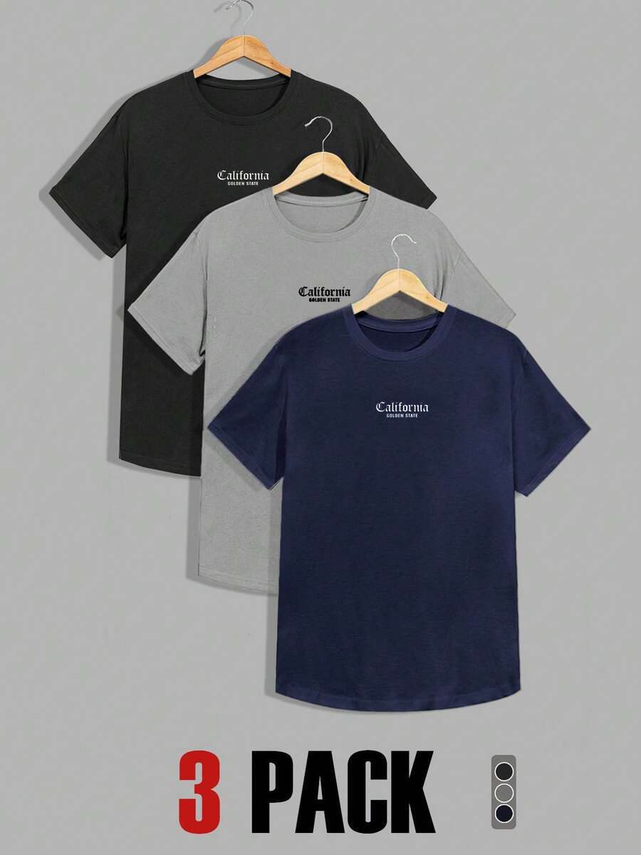 RueChic 3 Pack Men's Letter Print Round Neck Short Sleeve Casual T-Shirts With Rounded Hem - Multicolor - View 1