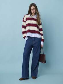 Nöista 休闲宽松版型 Polo 衫，带内衬衬衫，半拉链插肩长袖 - 酒紅色 - 查看 3