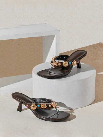 SHUZIA Women's Minimalist Comfortable Thong Strap Heeled Sandals With Seastar Ornaments Valentine's Day