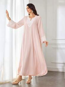 Al Najma 女士优雅日常蕾丝刺绣领宽松长袖阿巴雅连衣裙 - 粉色 - 查看 5