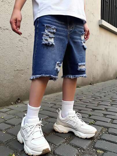 Pantalones vaqueros de mezclilla desgastados para niños preadolescentes, lavado azul medio, corte casual y relajado, cómodos y adecuados para la escuela, actividades al aire libre, verano