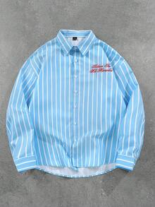 TOKVUE 男士长袖条纹衬衫，浅蓝色，红色刺绣标语，休闲日常穿着，通勤，度假，返校季，送给男友、老公的理想礼物，情侣装 - 藍色 - 查看 4