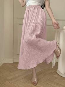 Modelyn 纯色褶裥设计松紧腰宽松A字优雅女裙，春夏款 - 粉色 - 查看 8