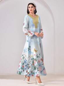 Al Najma 休闲简约蝴蝶花卉印花V领长袖阿拉伯风格连衣裙 - 彩色 - 查看 5