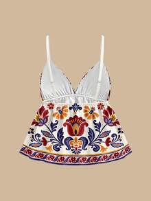 Travachic 女士休闲简约编织波西米亚热带植物花卉复古印花A字吊带流苏下摆背心，春夏海滩度假装扮，波西米亚热带度假派对约会性感装扮 - 彩色 - 查看 2