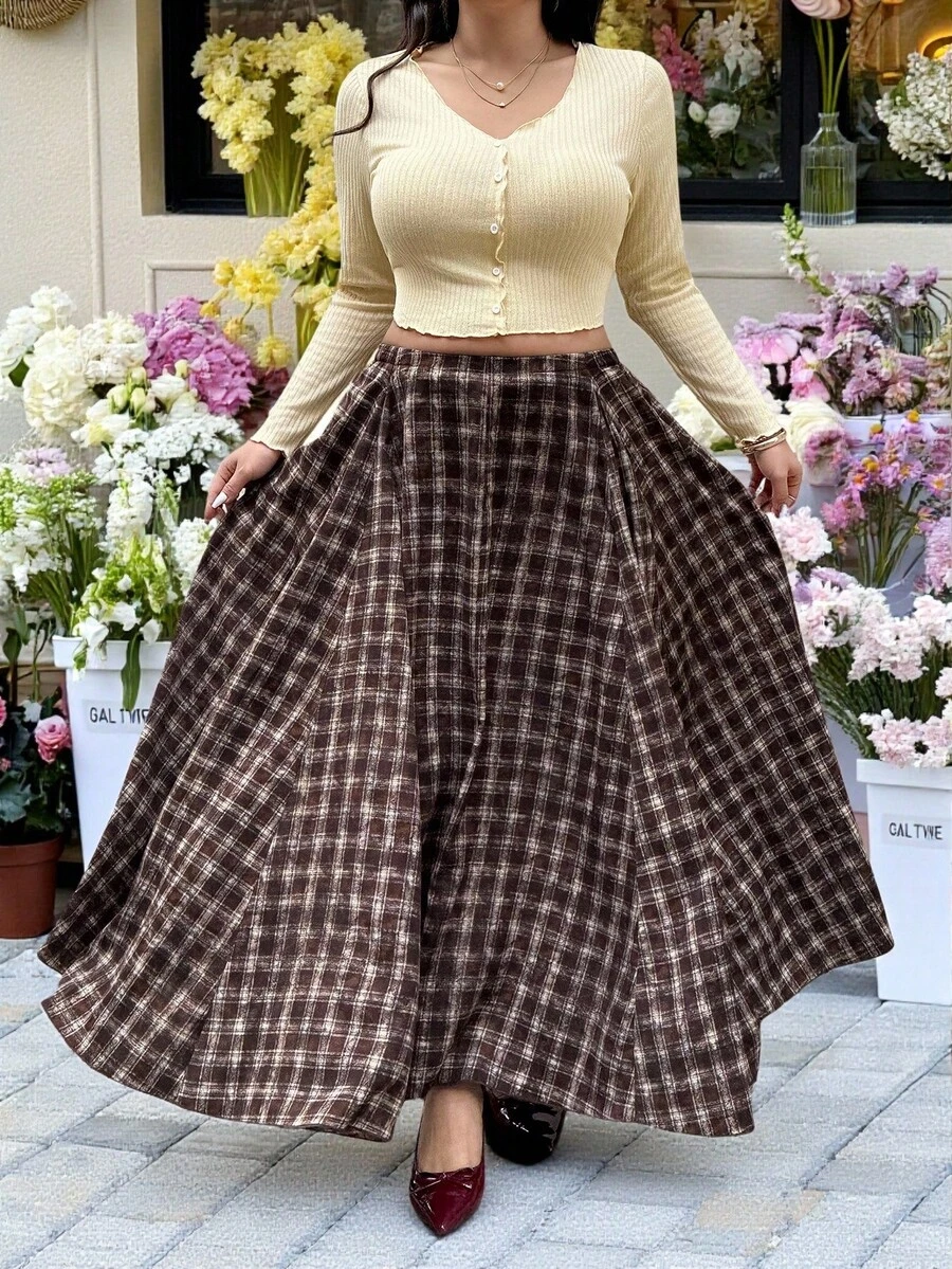 SHEIN EZwear 大码复古长款格子棕色休闲裙 - 棕色 - 查看 1