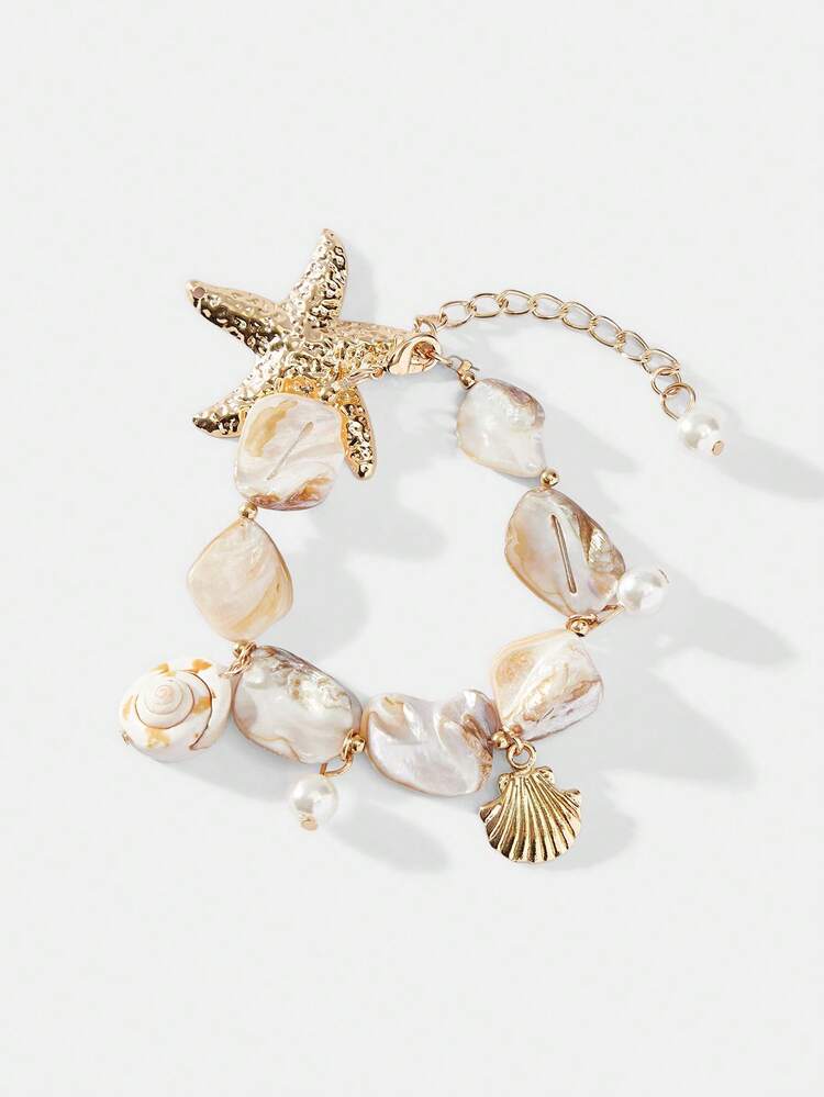 SHEIN Maija Bohemian Asymmetrical Beaded Seashell Starfish Pendant Bracelet