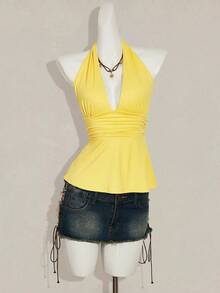 SHEIN ICON Halloween Women's Halter Backless Black Babydoll Tank Top - Yellow - View 3