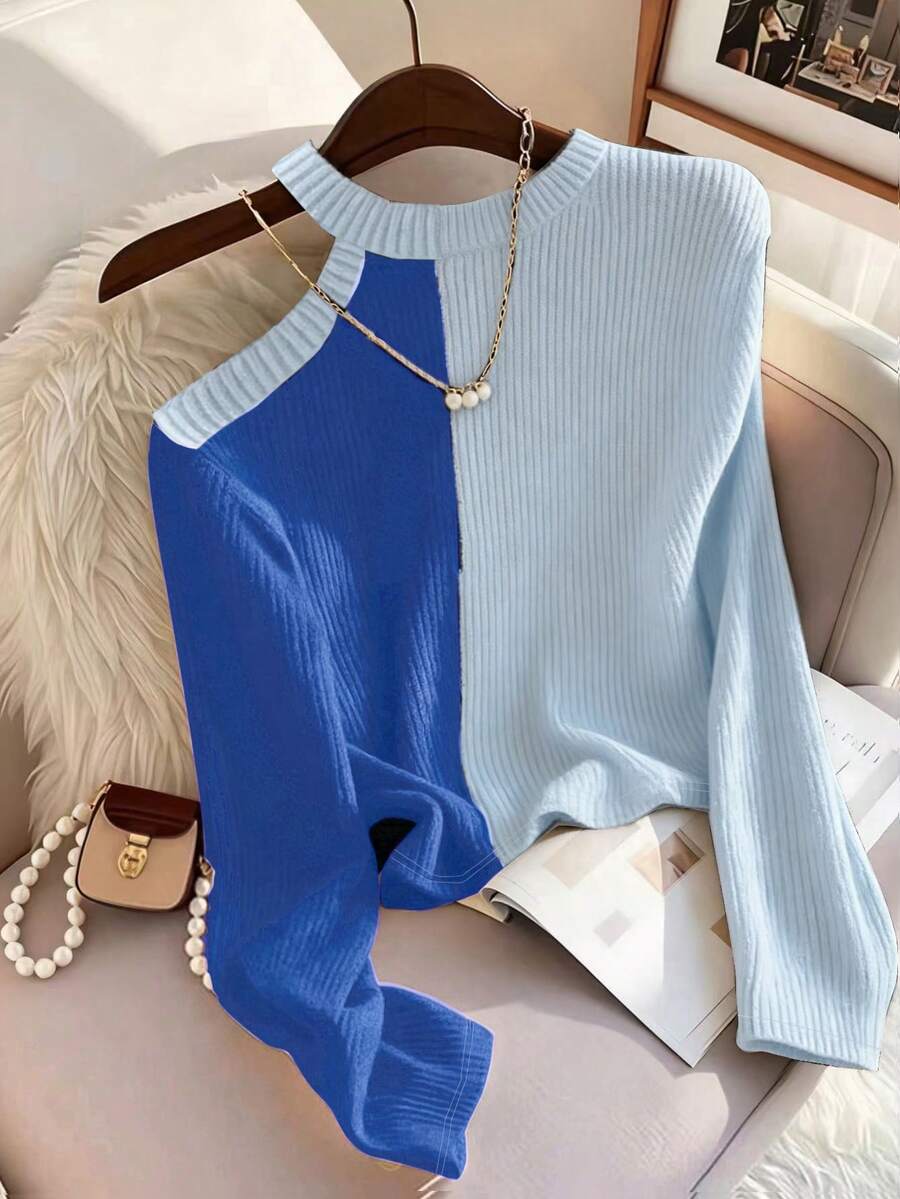 Franclia Women's Color Block Asymmetric Shoulder Long Sleeve T-Shirt, Ribbed Knit Top, Spring/Autumn - Blue - View 1