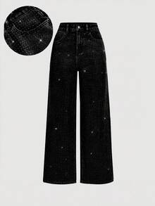 SHEIN PETITE Women's Jeans BlingBling Diamond Embellished Low-Rise Wide-Leg Pants Y2K Music Festival - Black - View 5