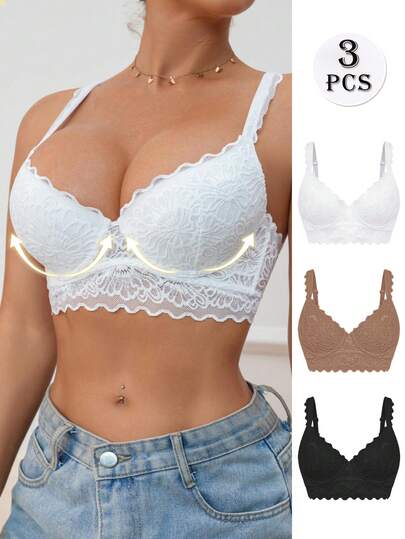 3pcs Women Sexy Elegant Solid Color Floral Lace Scallop Trim Push Up Underwire Instantlift Bra Lingerie