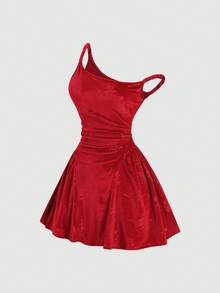 Sweetra 女士复古性感橄榄绿丝绒褶皱印花吊带扭结不对称领口修身A字连衣裙，秋冬款 - 紅色 - 查看 3