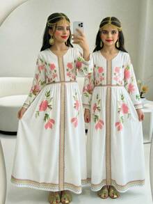 1pc Girls' Elegant Modest White And Pink Dress With Middle Eastern Details - White - View 11