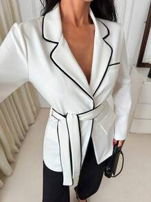 SHEIN 女士纯色系带细节西装外套 - 白色 - 查看 1
